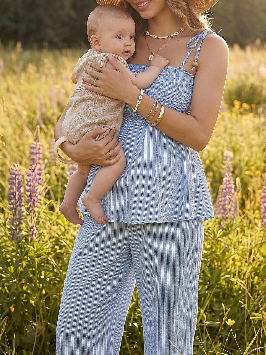 Boho Mama Maternity Light Blue Camisole And Pants Casual Outfit Country Summer Clothes Two Piece Set - Blue - View 1
