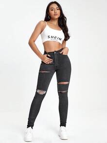 SHEIN EZwear 黑色斜口袋破洞緊身牛仔褲 - 淺灰色 - 查看 3