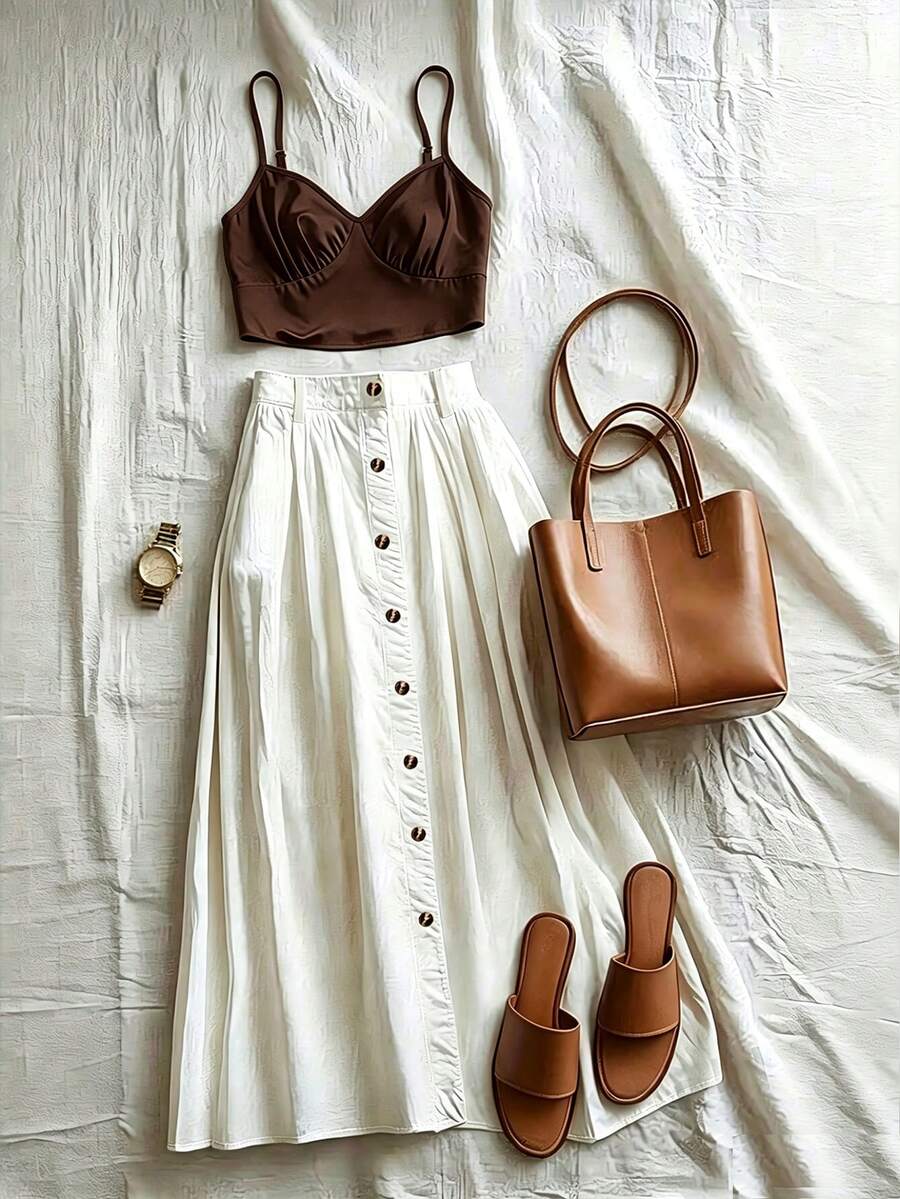 Franclia Women's Solid Color Pleated Cami Top And Skirt Casual Daily Two Pieces Set - Brown - View 1