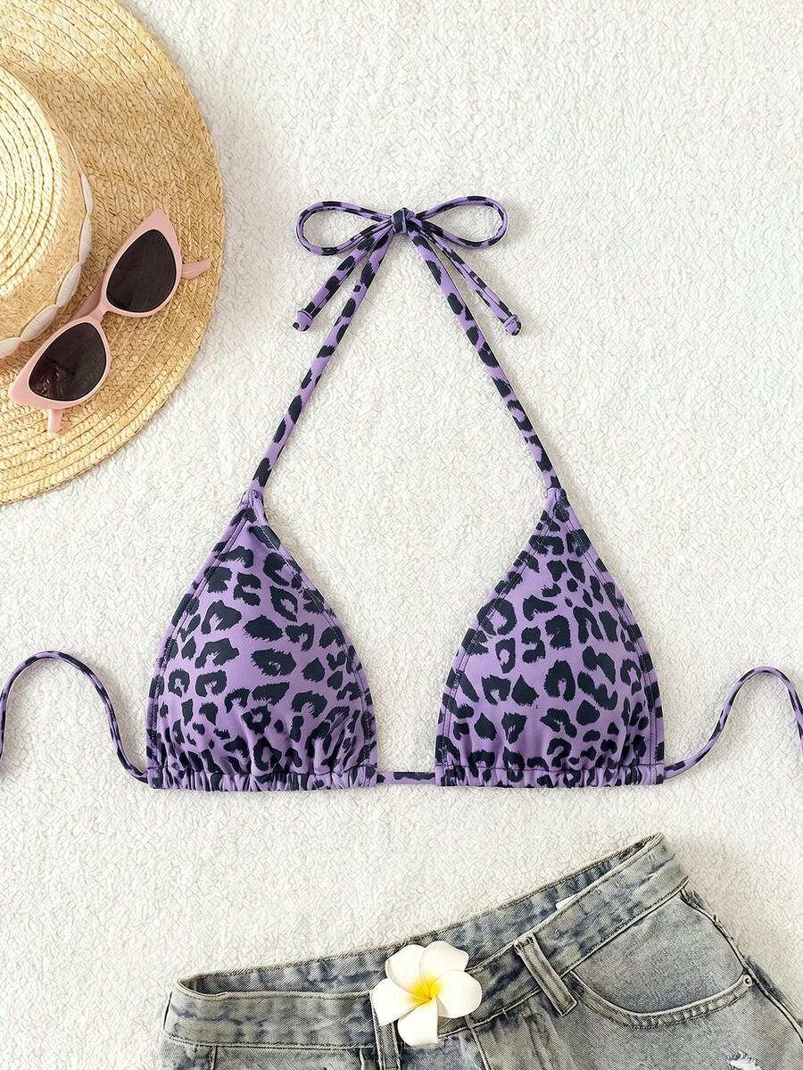 Swim Vcay Women's Leopard Print Halter Neck Tie Bikini Top, Suitable For Summer Vacation And Beach - Multicolor - View 1