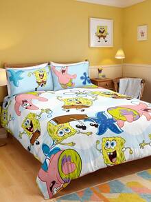 SpongeBob SquarePants | SHEIN 三件套海洋动物卡通印花被套，磨毛材质，柔软保暖，蓝色被套，双面图案，多种尺寸可选，适用于单人床/双人床/特大床，送礼佳品 - 藍白色 - 查看 2