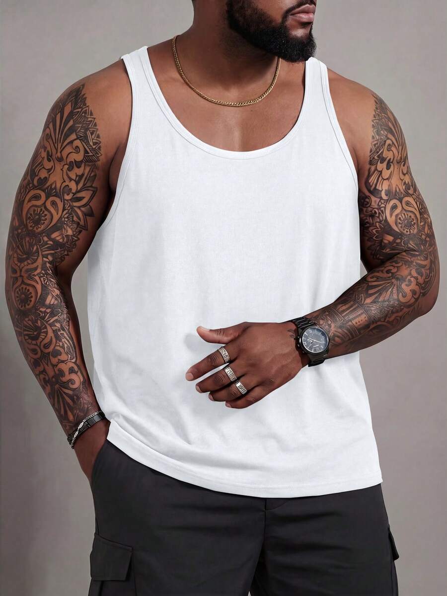 Manfinity Homme Men Plus Size Solid Tank Top Sleeveless Plain White Going Out Basic Tank Top, Holiday - White - View 1
