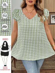 SHEIN CURVE+ Plus Size Women's Casual Polka Dot Print Ruffle V-Neck Blouse, Summer - Green - View 7
