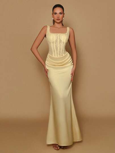 Glamrae Vestido de Noite Elegante Amarelo Pálido Romântico com Renda, Ombros à Mostra, Decote Quadrado, Babado, Barbatanas na Cintura, Pregas, Comprimento até o Chão, Estilo Sereia, Adequado para Férias na Praia, Uso em Múltiplas Ocasiões, Festival de Música, Encontro, Jantar, Sessão de Fotos, Verão, Festa de Aniversário, Formatura, Chá de Bebê, Versátil, Passeio Casual, Casamento, Despedida de Solteira, Todas as Ocasiões Formais, Vestido de Noite Feminino