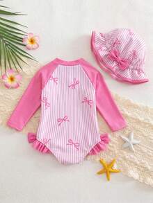 SHEIN Baby Girl Color Block Patchwork Striped Bow Print One-Piece Swimsuit - Pink - View 6