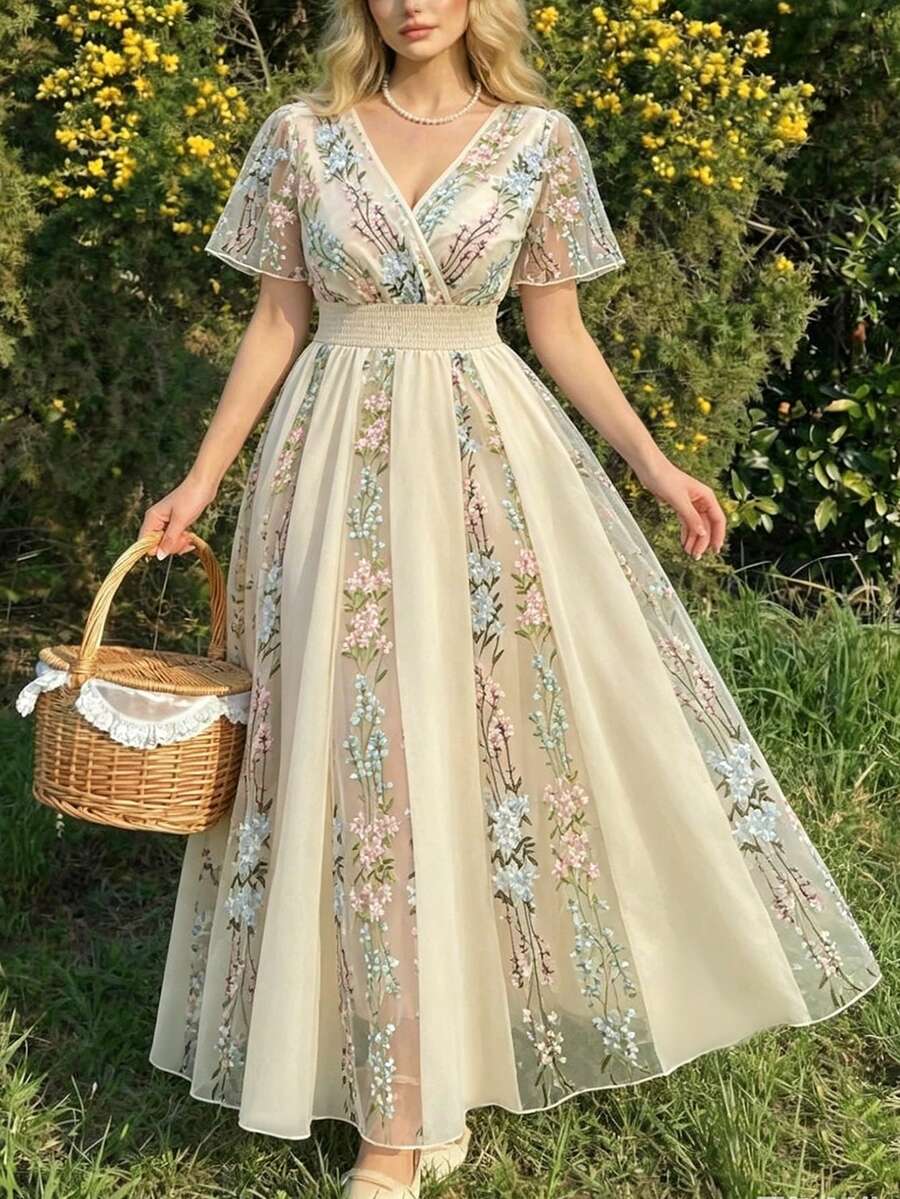 Modelyn Đầm ngắn tay cổ bẻ bằng vải lưới thêu họa tiết dành cho nữ cỡ lớn, eo thắt với chi tiết xếp ly, chân váy xòe kiểu Pháp lãng mạn và thanh lịch, thêu hoa. - Màu be - Xem 1