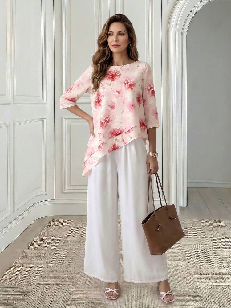 Women's Floral Pattern Asymmetrical Hem Casual Top And Loose Pants 2 Pieces Set,Summer Set,Holiday Outfits For Women,Floral Set For Women