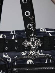 ROMWE Túi tote in Grimace phong cách Y2K Gothic - Túi đeo chéo đính đá mặt nạ ma kinh dị Scream, túi xách thời trang thường ngày dung tích lớn, phù hợp du lịch và đi làm hàng ngày, Halloween - Sọc - Xem 2