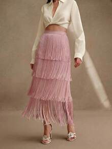 Anewsta 女款春夏新款優雅粉色分層流蘇中長裙，修身顯瘦，適用正式場合、派對、時尚穿搭、上班、畢業典禮、婚禮 - 粉色 - 查看 3