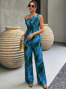Flora Isola Flora Isola 女款春夏度假休閒熱帶風歐式性感優雅嬰兒藍不對稱領扭結上衣與長褲套裝，適合派對與夜晚外出 - 藍色 - 查看 5