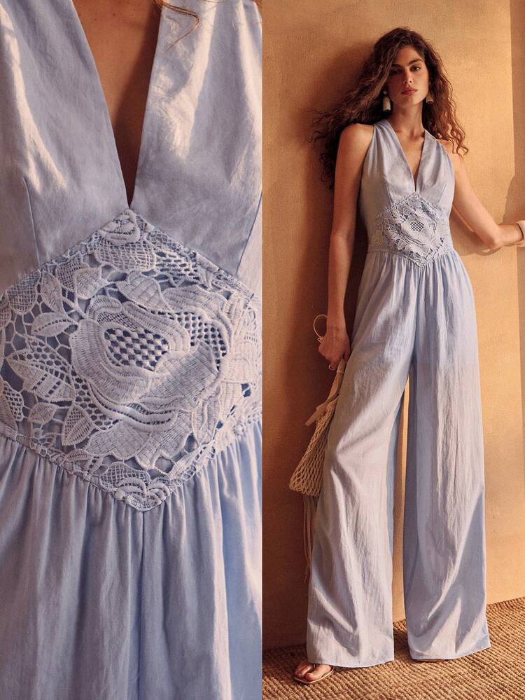 WOMEN'S COTTON EMBROIDERED HALTER JUMPSUIT, SPRING/SUMMER