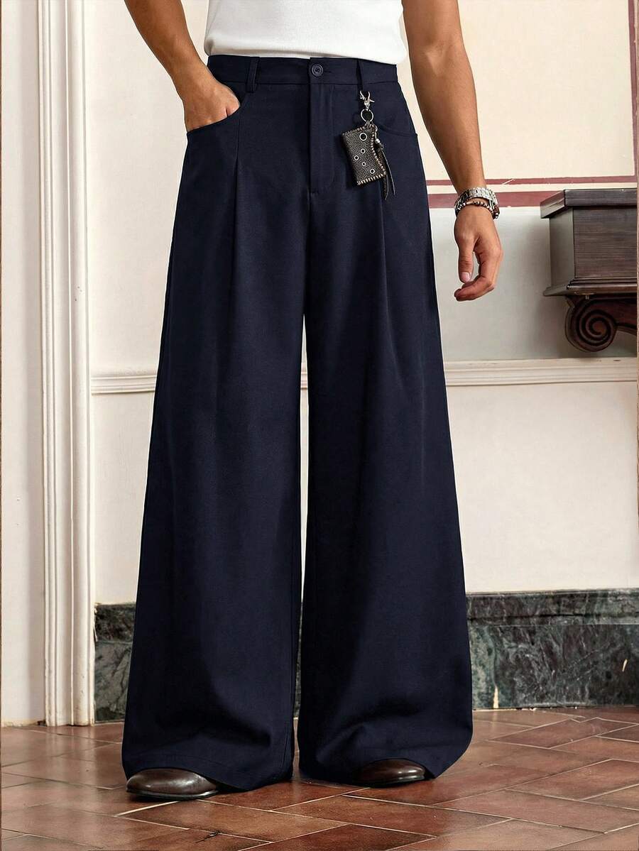 SWAVVY Men's Solid Color Pleated Wide Leg Pants With Side Pockets, Standard Size - Navy Blue - View 1