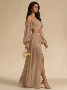 Two Set: Long Sleeve Crop Top With Long Sleeve With Semitransparent Side Opening For Women - Beige - View 3