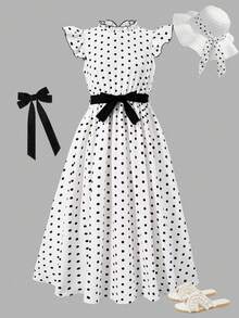 SHEIN Girls' Print Patterned Flutter Sleeve Waist-Defining Dress - White - View 8