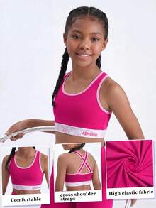 SHEIN Tween Girl Letter Floral Print Striped Colorblock Cropped Sports Tank Top - Pink - View 6