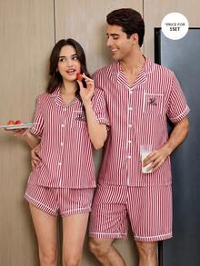 CoupledUp Men's Casual Striped Short Sleeve Letter Print T-Shirt And Striped Shorts Pajama Set - Hot Pink - View 4