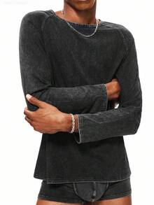 Rest Era 1pc Men's Black Long Sleeve Snowflake Pattern Fashionable Casual Base Layer Top - Black - View 3