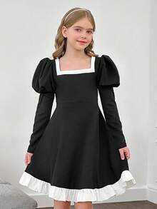 SHEIN Tween Girl Elegant Black And White Contrast Ruffle Square Neck Lantern Puffy Long Sleeve A-Line Dress - Black - View 8