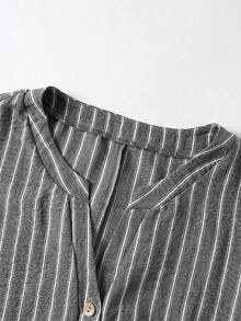 Linhara Plus Size Women's Black Loose Casual Spring/Summer H-Line Notch Neck Rolled Cuff Striped Print Casual Shirt - Black - View 4