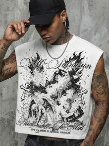Manfinity Roghcode Boxy Cropped Streetwear Distressed Grey City Wall Calligraphy English Cross Print White Pure Cotton Tank Top, Suitable For Spring And Summer - White - View 6