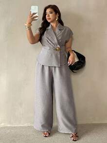 Auralis Elegant Commuter Formal Set Crossover Wrap-Style V-Neck Drop-Shoulder Short-Sleeved Plus-Size Top Straight-Leg Trousers Office Gray Fall/Winter - Khaki - View 5