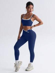 SHEIN Sports 無縫高彈力女款健身休閒日常運動收腰提臀套裝 - 藏蓝色 - 查看 6