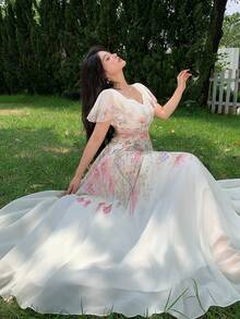 Modelyn Robe femme col V manches à volants taille cintrée évasée imprimé placé - Multicolore - Voir 6