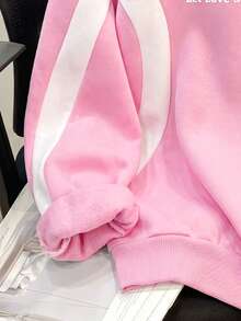 SHEIN 青少年女孩針織拼色字母印花圖案寬鬆休閒運動衫 - 粉色 - 查看 6