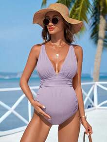 Swim Vcay 孕婦純色一件式泳衣，適合度假海灘 - 紫色 - 查看 4