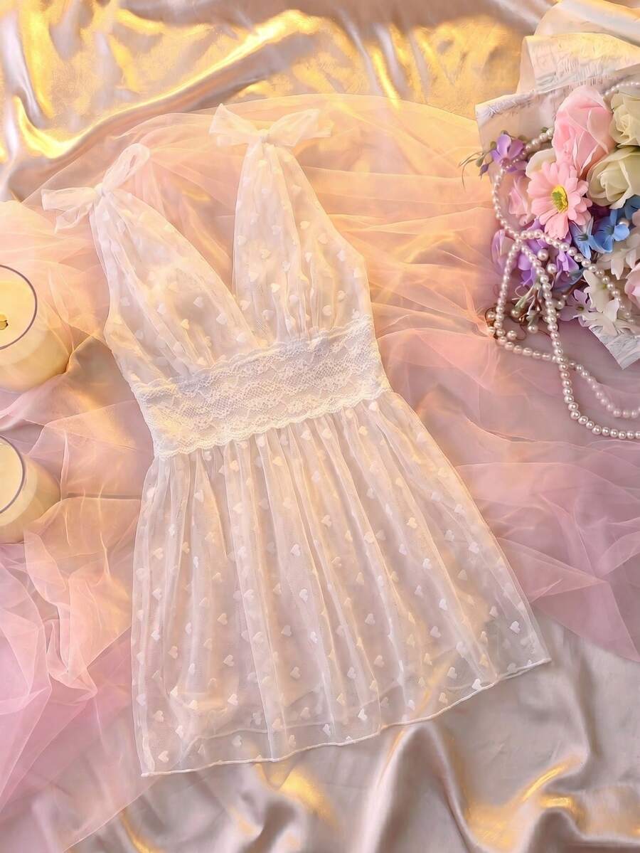 DelicateAllure 性感透明蕾丝吊带裙,迷人女士睡衣 - 白色 - 查看 1