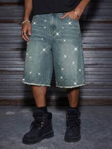 EASEVO Plus Size Men's Rhinestone Decor Casual Shorts, Vacation, Father's Day Gifts - Medium Wash - View 2