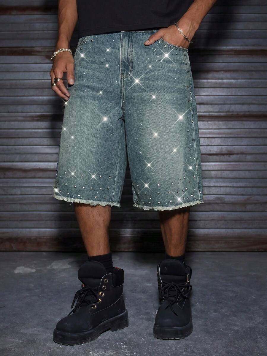 EASEVO Plus Size Men's Rhinestone Decor Casual Shorts, Vacation, Father's Day Gifts - Medium Wash - View 1
