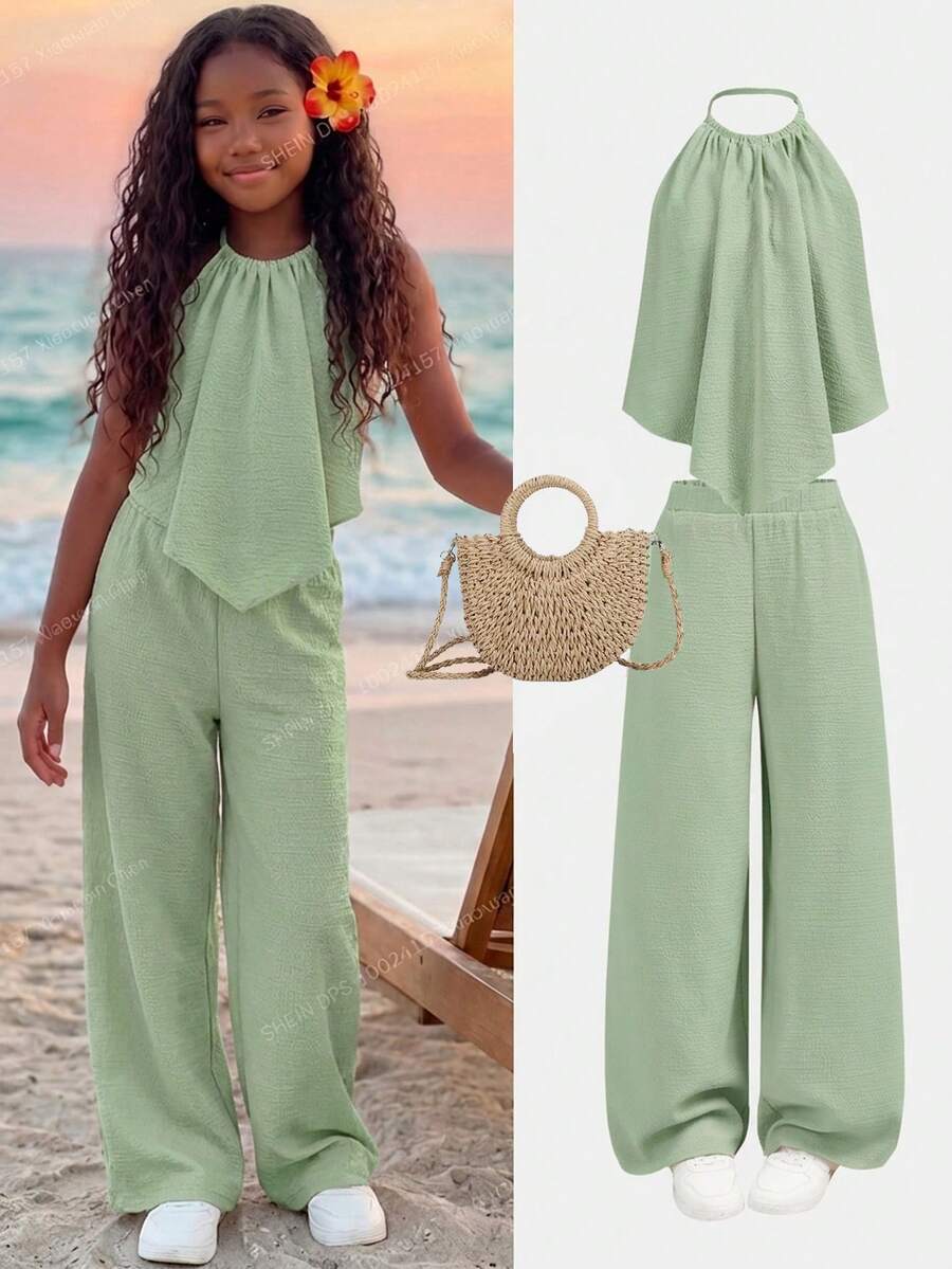 SHEIN Ensemble 2 pièces débardeur à col licou ample + pantalon long pour adolescentes, décontracté, à la mode, polyvalent, fête, streetwear, séance photo entre sœurs, sortie au parc, camping, vacances, décontracté quotidien - Vert - Voir 1