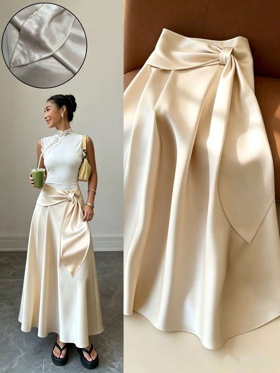 SHEIN Holidaya Women's Champagne Satin High Waist Maxi Skirt, Bow Tie Waist A-Line Flowy Long Skirt, Elegant Formal Skirt For Wedding Guest Party Dinner - Apricot - View 1