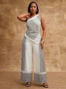 Radiana Ensemble 2 pièces grande taille pour femmes, mode printemps/été, décontracté élégant, Top asymétrique et pantalon assorti à taille élastique avec imprimé dégradé à pois, convient pour le travail, le bureau et les sorties décontractées - Noir et Blanc - Voir 6