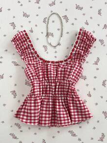 Elamini Summer Sweet Sexy Vacation Style Lace Trim Plaid Ruffle Short Fitted Short Sleeve Shirt - Red - View 2