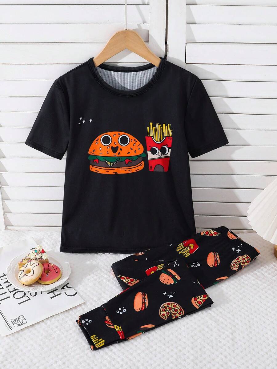 SHEIN Setelan Baju Tidur Rumahan Nyaman untuk Anak Laki-Laki (Tween Boy) Motif Kartun Burger, Pas Badan, Lengan Pendek Ketat, Celana Panjang, Rajut, 2 Potong - Hitam - View 1