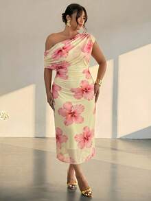 Firerie Plus Size Women's Off-Shoulder Floral Print Asymmetric Design Dress Vacation Wedding Guest Pink Summer Filipiniana Elegant - Multicolor - View 4