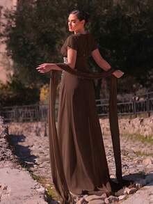 Aureia Elegant, , Fashionable Chiffon Fabric Rhinestone Decor Ruched A-Line Formal Party Dress, Suitable For Wedding Guest, Bachelorette Dinner - Brown - View 2