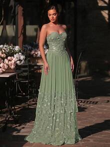 Glamrae Elegant Romantic Handmade 3D Floral Lace Chiffon Patchwork Strapless Basque Low Waist Court Style Extra Large A-Line Skirt Hem Romantic Lace Patchwork Suitable For Date Vacation Wedding Event Back To School Season Bachelorette Party Women's Evening Gown - Green - View 5