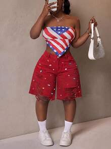 Slaydiva Plus Size Women's Solid Color Rhinestone Decor Distressed Frayed Hem Button Denim Jeans - Red - View 6