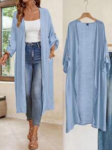 EMERY ROSE Plus Size Solid Color Casual Vacation Jacket Fall - Blue - View 9