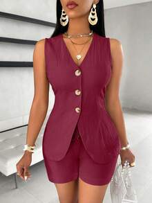 SOLERSUN Solid Button Front Vest Blazer & Shorts - Burgundy - View 5