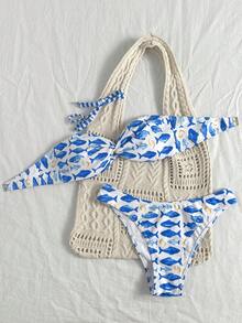 Swim Mod Spring/Summer New Blue Small Fish Print Spaghetti Strap Twist Bandeau Low Waist Pants Two-Piece Vacation Set - Multicolor - View 6