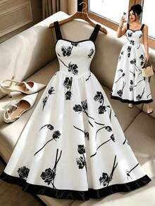 Elenzga Retro New Chinese Style National Wind Spaghetti Strap Backless Floral Mini Dress, Slim Fit Beach Vacation - Apricot - View 1