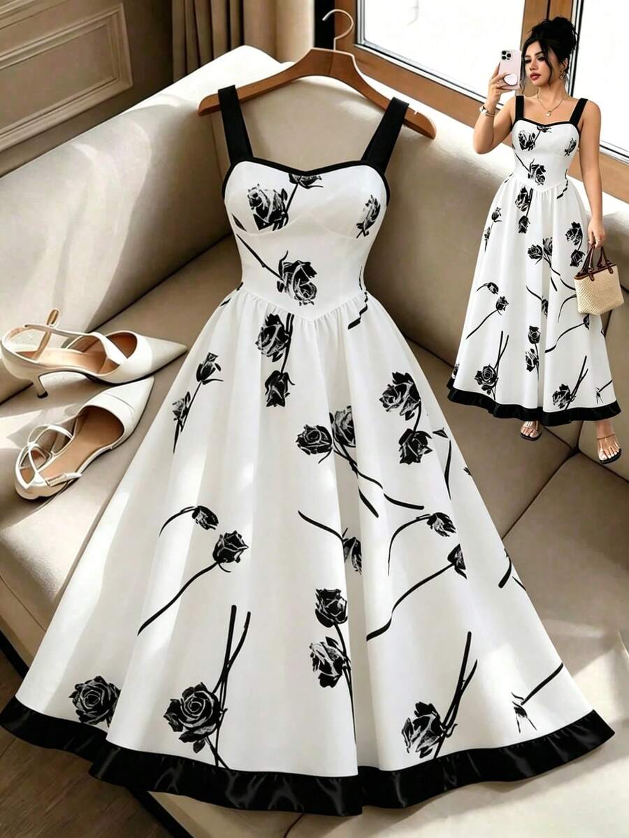 Elenzga Retro New Chinese Style National Wind Spaghetti Strap Backless Floral Mini Dress, Slim Fit Beach Vacation - Apricot - View 1