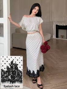 Modelyn Lace Patchwork Polka Dot Print Skirt - Apricot - View 3