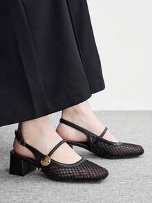CUCCOO BIZCHIC 女款時尚高跟鞋，扣環粗跟網格縫線，全球四季通勤適用，優雅百搭，適合節慶、度假、戶外、辦公室日常 - 耀夜黑 - 查看 3