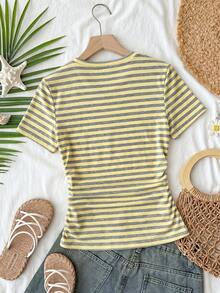 Travachic Blusa de mujer de cuello redondo, manga corta raglán, ajustada, con pliegues y rayas, para verano - Multicolor - Ver 4