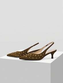 Mnmlis New Women's Shoes Fashion Rivets Exposed Heel Pointed Heels Stiletto Mules Shoes Women Summer Shoes - Olive Green - View 2